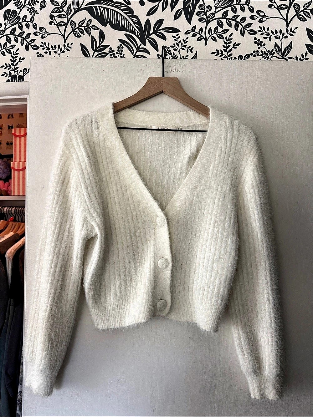 Mustard Seed Fuzzy Button Front Cardigan in White Size Small